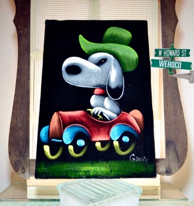 Vintage 70er schwarz Samt Snoopy Gemälde signiert mexikanisches Kunstwerk 12" B x 17,75" T - Bild 1 von 10