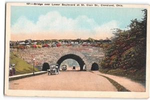 Postcard Bridge Over Lower Boulevard St. Clair St. Cleveland Ohio Early Autos - Picture 1 of 2