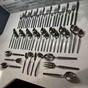 Mid Century Floral Stainless Flatware Serving for 8 + 10 Serving Utensils Japan - Picture 1 of 10