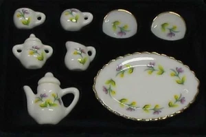Miniature Dollhouse Tea Set 10 Peice Ceremic Mauve & Yellow Floral 1:12th Scale - Picture 1 of 1