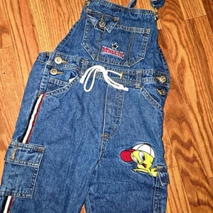 Vintage 90s Looney Tunes Tweety Bird Denim Overalls Size 6 Boys Bibs - Picture 1 of 9
