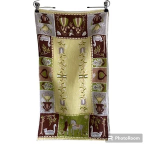 Vtg Folk Art Linen Kitchen Tea Towel Colonial Green Brown Yellow Kitschy 60s/70s - Picture 1 of 9