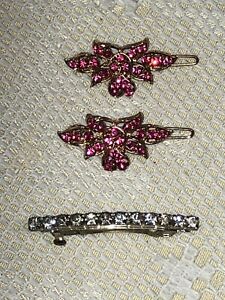 Lot of 3 Vintage BARRETTES Rhinestone Clip and Metal Snap Small Child Size
