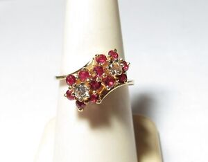 SOLID 14K GOLD RING W / RED NATURAL RUBIES & WHITE QUARTZ SIZE 7