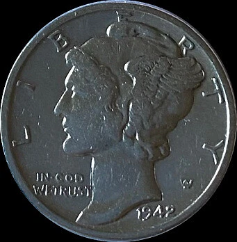 1942 Mercury Dime  -  XF/AU 90% Silver Cover
