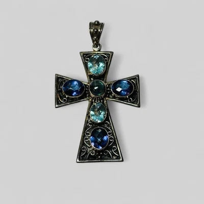 Nicky Butler Sterling 925 Silver Topaz Amethyst Labradorite Cross Pendant - Image 1 of 4