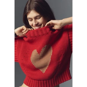 Anthropologie Maeve The Pippa Mock Neck Sweater Red Tan Heart Womens XXS NWT - Picture 1 of 13