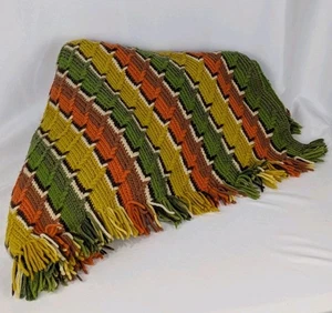 Handmade Orange Green Yellow Stripes Crochet Lap Blanket Afghan Throw Odd Shape - Picture 1 of 10