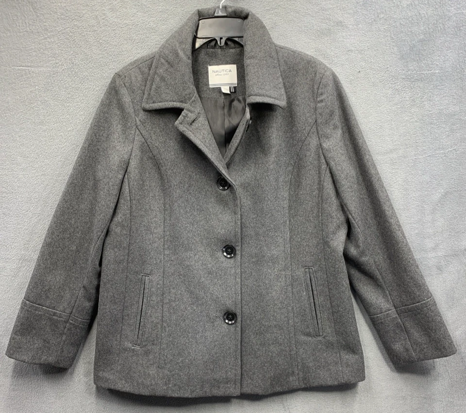 Abrigo corto de mujer Nautica gris mezcla de lana guisante de un solo pecho talla XL Foto 1 de 4