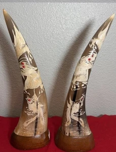 Scrimshaw Phoenix & Dragon 12" Decorative Water Buffalo Horns Wood Base Pair - Picture 1 of 17