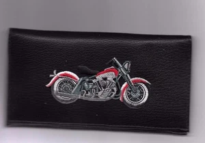 MOTORCYCLE BLACK LEATHER CHECKBOOK COVER RED AND CHROME NEW ITEM - Picture 1 of 1