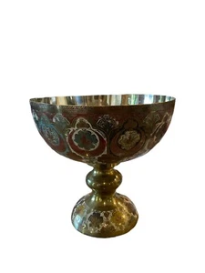 Vintage Brass Bowl 12”x11.5” Hand Painted Floral Design Made in India - Picture 1 of 3