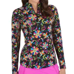 Neu mit Etikett IBKUL ESTELA SCHWARZ MULTI Langarm angedeutetes Golf Tennis Shirt XS S M L XL XXL - Bild 1 von 3