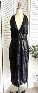 Halston Heritage Size L Black Sequined Low Neck Evening Cocktail Dress - Picture 1 of 5