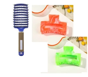 2 pinzas para el cabello (naranja fluorescente verde fluorescente) y 1 peine (azul) - Imagen 1 de 5