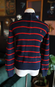 Polo Ralph Lauren Mens 100% Cotton Sweater 1/4 Zip Blue w/ Red Stripes M