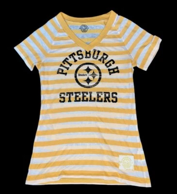 锐步复古匹兹堡钢人队女式 V 领黄色条纹 T 恤,尺寸 S — 第 1/4 张图片