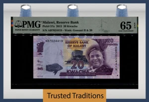 TT PK 57a 2012 MALAWI RESERVE BANK 20 KWACHA PMG 65 EPQ GEM UNCIRCULATED - Picture 1 of 2