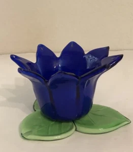 Tulip Flower Candle Holder~ Art Glass Cobalt Blue petals w/ Green leaves - Picture 1 of 7