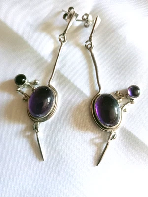 Orecchini con pendente vintage anni 70 in argento 925 e pietra ametista - Immagine 1 di 4