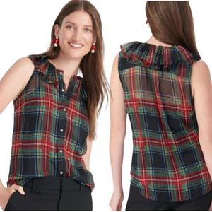 J. Crew Blouse Womens Small Ruffle Collar Tartan Plaid Sleeveless Preppy - Picture 1 of 6