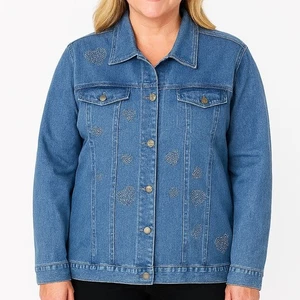 QVC Quacker Factory Denim Jacket Blue Embellished Rhinestone Heart Womens Large - Picture 1 of 8
