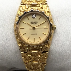 Reloj Vintage Gruen Diamante Mujer 25mm Tono Oro Banda Texturizada Batería Nueva 7" - Imagen 1 de 15
