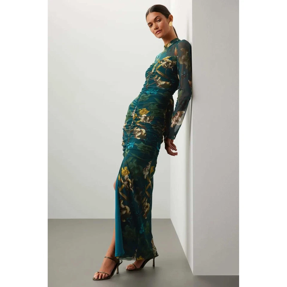 Maxi Vestido Floral Malla Azul Teal Halo Eve Wendy NEGRO Manga Larga Talla 10 Foto 1 de 4