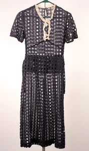 VTG Women's 30s Navy Eyelet Dress W/ White Lace Neckline & Peplum XS/S 1930s - Picture 1 of 13