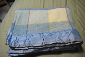 VTG WOOL Plaid Throw Blanket Cabin Blanket MCM Blue Yellow 67x84" - Picture 1 of 6