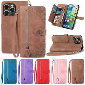 For iPhone 13 14 15 16 Pro Max Magnetic Leather Zipper Wallet Case Stand Cover - Picture 1 of 47