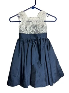Lanting Bride Girls Dress Navy White Lace Special Occasion Dress Sash Size 4 EUC - Picture 1 of 6