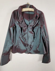 Samuel Dong Womens Ruffle Front Blazer Jacket Size XL Black Shimmer Zip Front - Picture 1 of 8