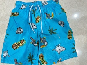 Boys Swim Trunks Shorts Pirate Blue Shark Drawstring Pull On Teal Size 8 Medium - Picture 1 of 2