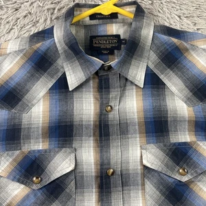 Pendleton Shirt Mens Medium Gray Plaid Frontier Western Pearl Snap Long Sleeve - Picture 1 of 10