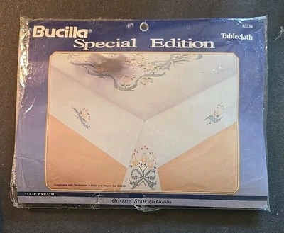 Vtg Bucilla Special Edition Tulip Wreath 52" x 70" Stamped Tablecloth Embroidery - Image 1 of 4