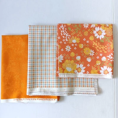 Lot of 3 Orange Floral Plaid Quilting Cotton Fabrics 1yd 12", 1yd, 17" - Image 1 of 4
