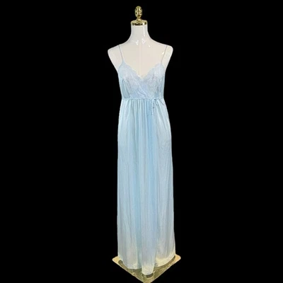 NEW Vintage 70s Gilead Lace Maxi Nightgown Blue Surplice Empire Waist SIZE M - Image 1 of 4