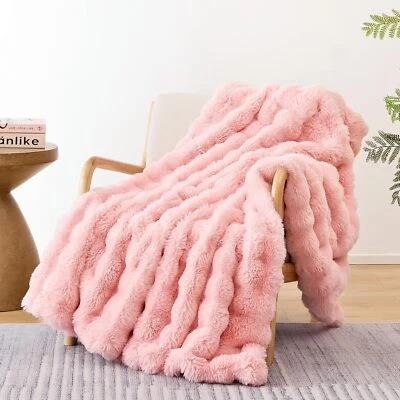 Fur Throw Blanket for Couch – Blush Pink Fluffy Cozy Rabbit Fleece, Plush Soft  - Image 1 of 4