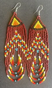 Boho Western Style Tribal Seed Bead Beaded Earrings Fringe Tassel Long - Picture 1 of 2