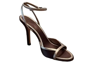 BCBG MAXAZRIA Women's Brown Satin Gold Leather Dressy Heels Open Toe Size 8.5 - Picture 1 of 15