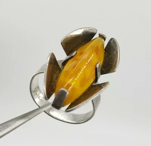 835 Silver Amber Ring Size 5 Baltic Geometric Modernist Sterling Womens Dome  - Picture 1 of 12