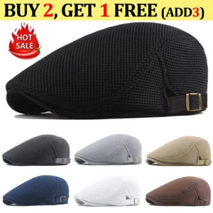 Summer Mens Beret Cotton Sun Hat Flat Cap Breathable Mesh Caps Fishing Berets - Picture 1 of 20