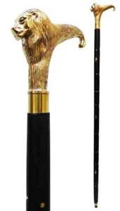 Solid Brass Lion head Handle Vintage Designer Wooden Walking Stick Cane Antiques - Picture 1 of 5