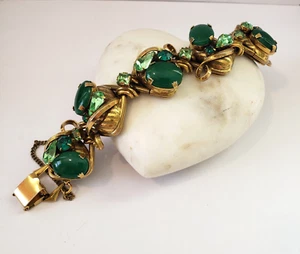 Vintage Strass Gliederarmband grüne Steine verziert goldfarben - Bild 1 von 14