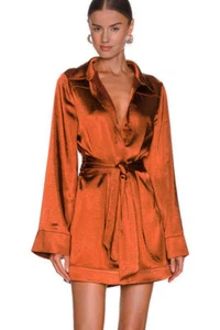 CAMILA COELHO Sz S Priscilla Waist Tie Sienna Brown Satin Mini Dress BRAND NEW - Picture 1 of 4