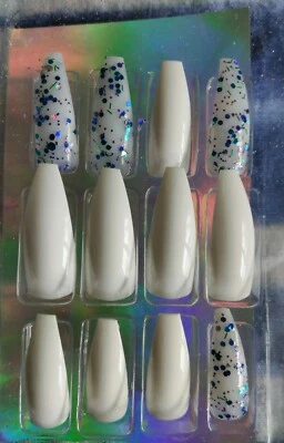 Ballerina Coffin Long White Blue "White & Blue Kiss" Artificial Nail Tips - Image 1 of 3