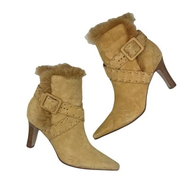 Antonio Melani Vtg 90s Camel Tan Fur Leather Suede Pointed Heel Ankle Boots 6M - Image 1 of 4