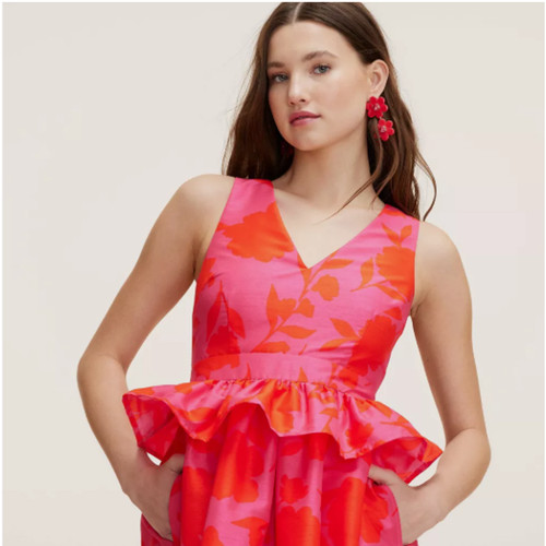 Abito midi Kate Spade New York classico rosa peplo taglia 12 NUOVO rosa rosso 