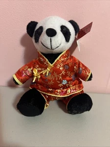 Prayer Panda Bear Chinese Fufu Plush Stuffed Animal Teddy Black White Red Toy 7" - Picture 1 of 5